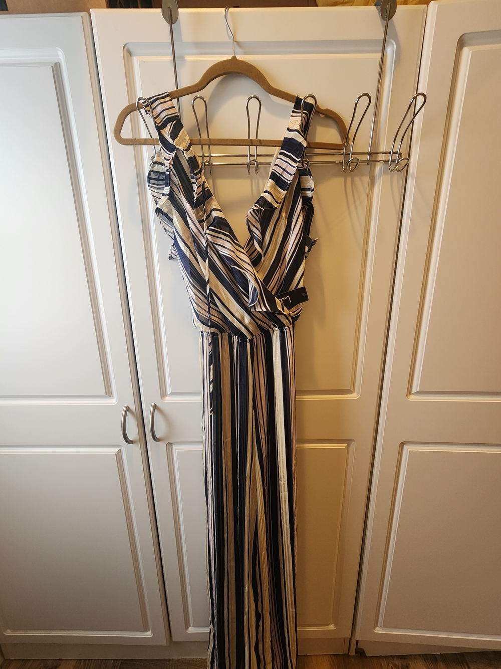 Lulu's Navy, Cream & Tan Striped Wrap Jumpsuit